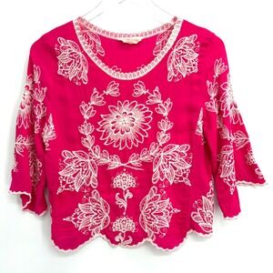 Solitaire Embroidered Floral Scallop Blouse Size M Cropped Fuchsia Pink Boho